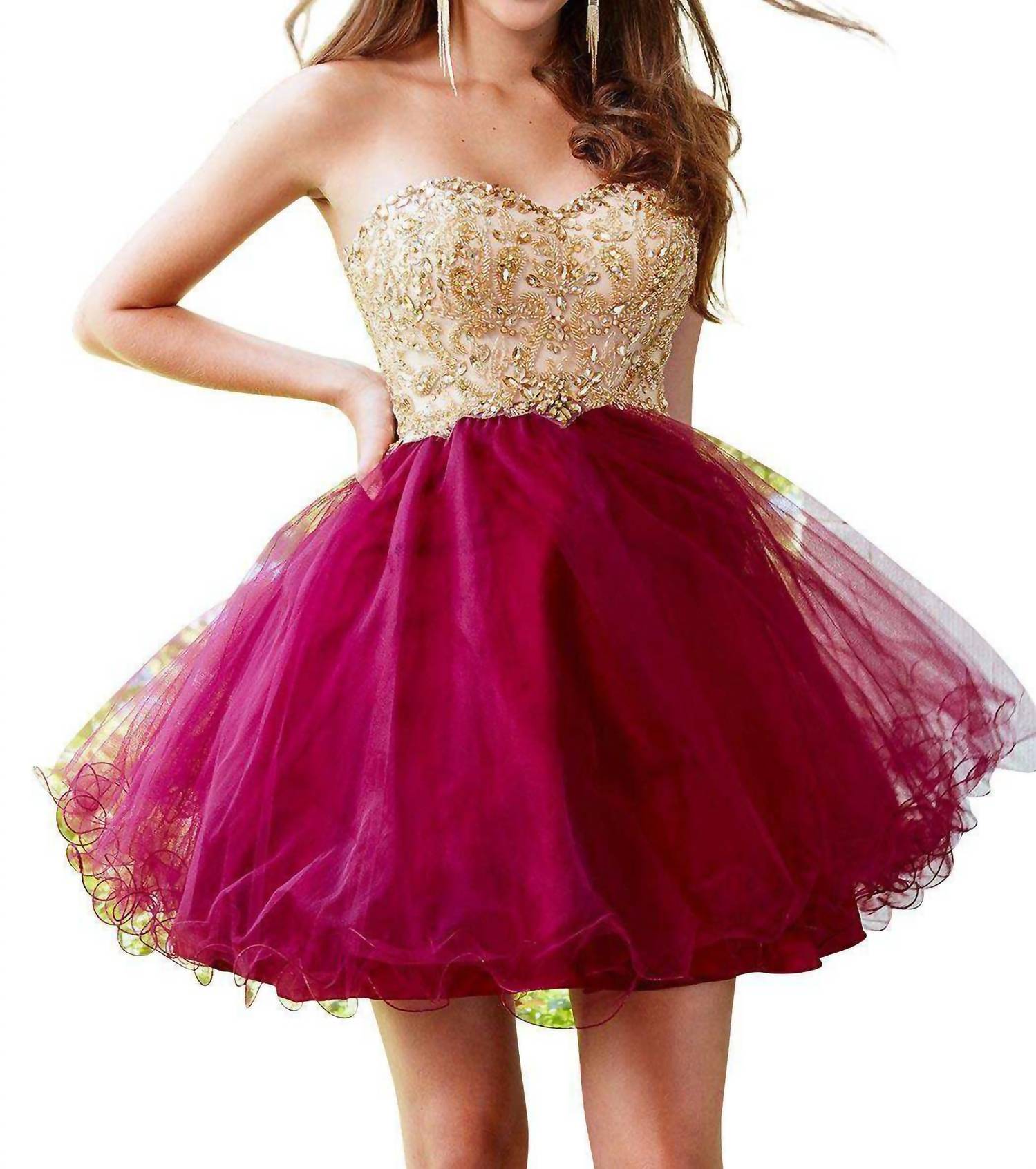 Фантазийное короткое платье без бретелей в винно-золотом цвете Clarisse
Фантазийное короткое платье без бретелей в винно-золотом цвете Clarisse