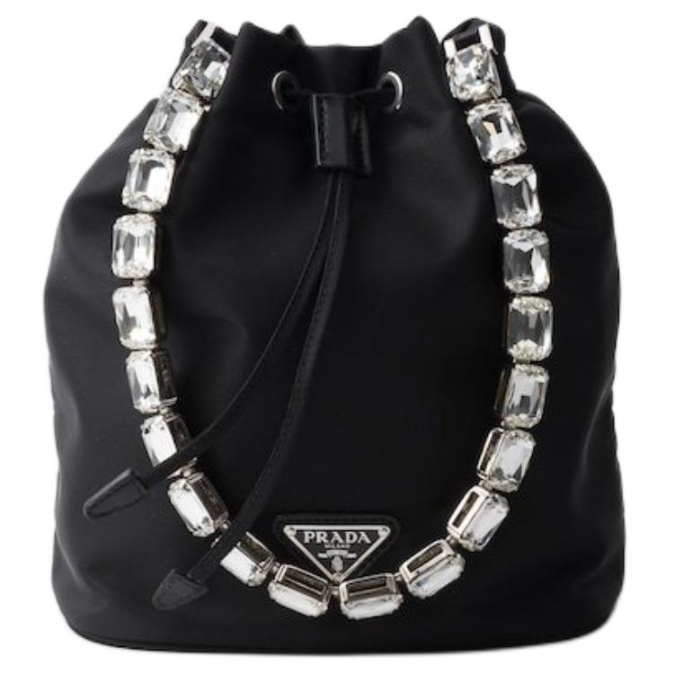 PRADA Сумка-ведро из ткани с кожаными деталями Сумка через плечо Кроссбоди Мини-сумка женская черная 
PRADA Сумка-ведро из ткани с кожаными деталями Сумка через плечо Кроссбоди Мини-сумка женская черная