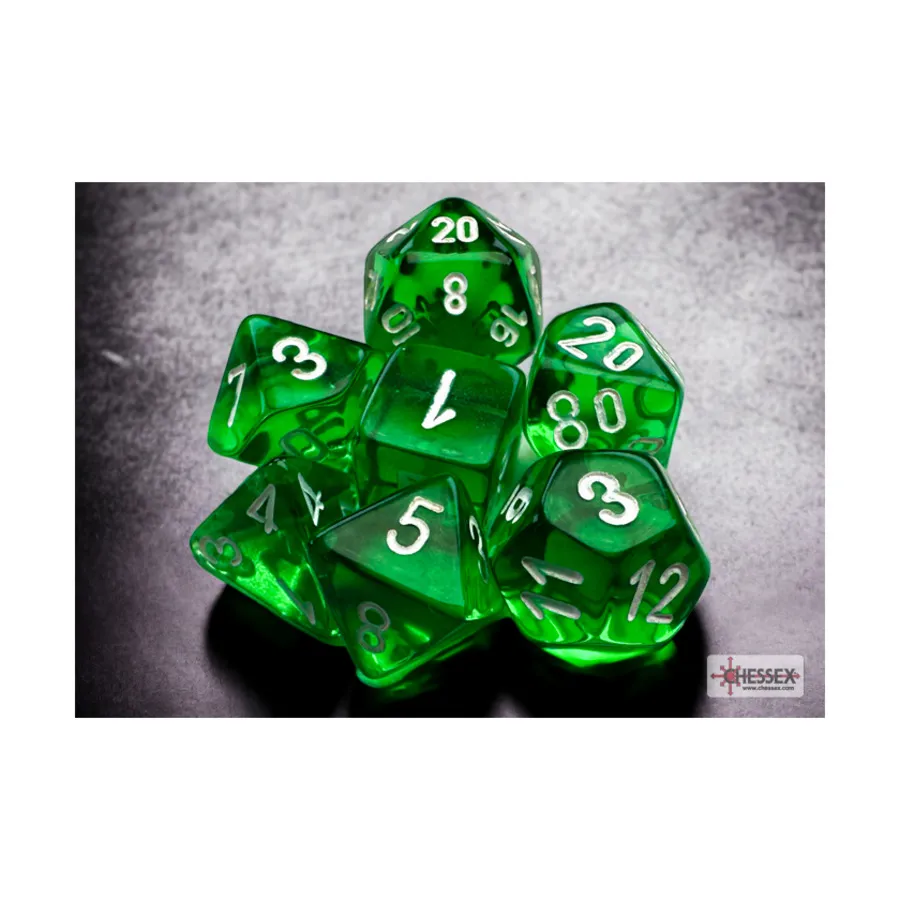 Набор Mini Poly — полупрозрачный зеленый с белым (7) (2-е издание), Dice - Miniature 10mm & 5mm (Chessex)
Набор Mini Poly — полупрозрачный зеленый с белым (7) (2-е издание), Dice - Miniature 10mm & 5mm (Chessex)