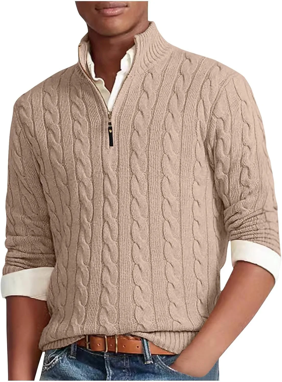 Мужской свитер с молнией, кабельная вязка, классический крой
Мужской свитер с молнией, кабельная вязка, классический крой