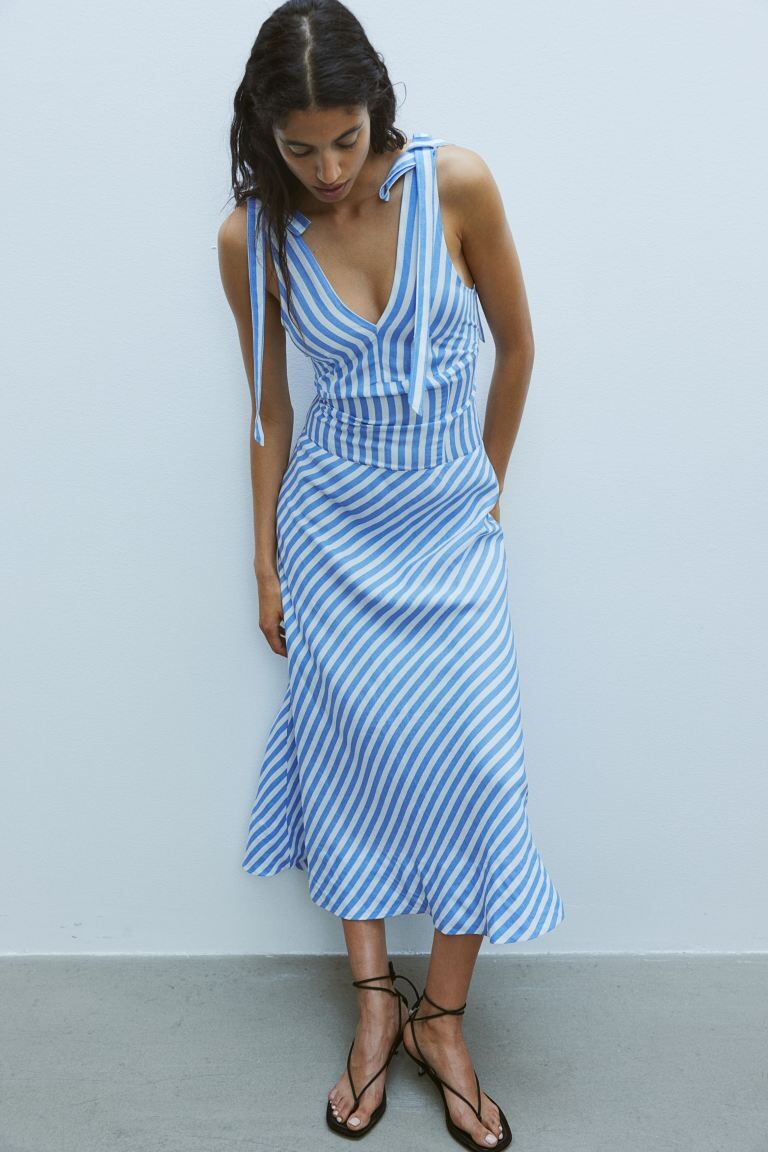 Платье из смесового льна с завязками H&M, синий 
Платье из смесового льна с завязками H&M, синий