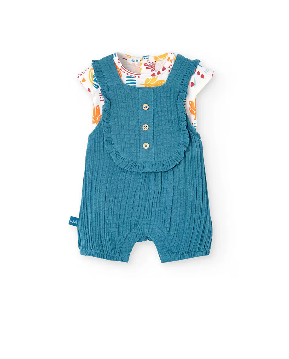 Комплект для девочки, состоящий из футболки с короткими рукавами и комбинезона с оборками Boboli, темно-зеленый 
Комплект для девочки, состоящий из футболки с короткими рукавами и комбинезона с оборками Boboli, темно-зеленый