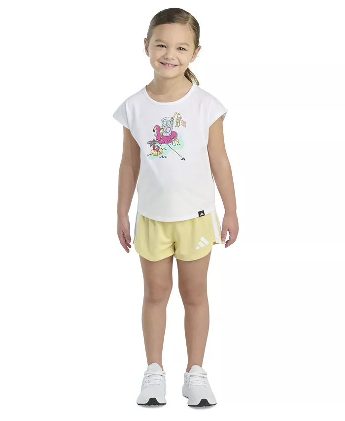 Детский комплект для девочек: футболка с коротким рукавом и принтом + шорты из сетки (2 предмета) adidas, белый
Детский комплект для девочек: футболка с коротким рукавом и принтом + шорты из сетки (2 предмета) adidas, белый