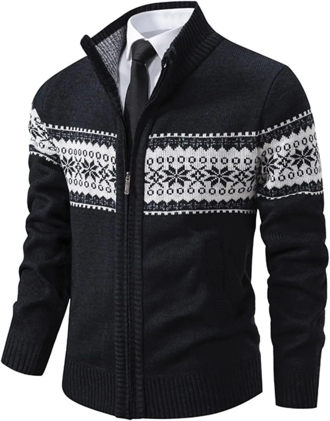 Мужской кардиган с воротником-стойкой, плотная вязка, полная молния, узор снежинки
Мужской кардиган с воротником-стойкой, плотная вязка, полная молния, узор снежинки
