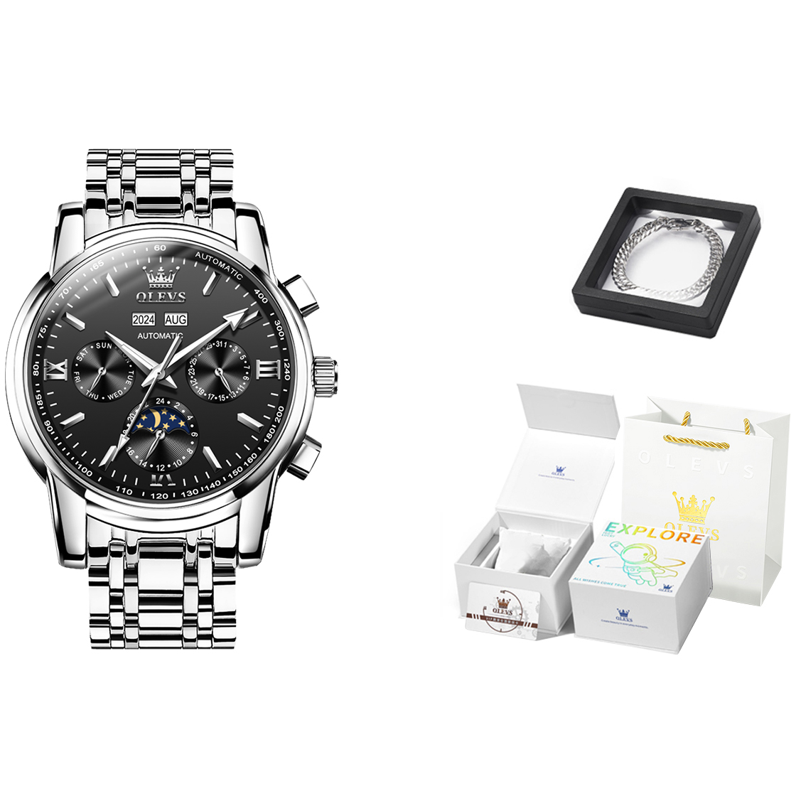 Механический ход Нержавеющая сталь Браслет Наручные часы Мужские часы Черный циферблат OLEVS
Механический ход Нержавеющая сталь Браслет Наручные часы Мужские часы Черный циферблат OLEVS