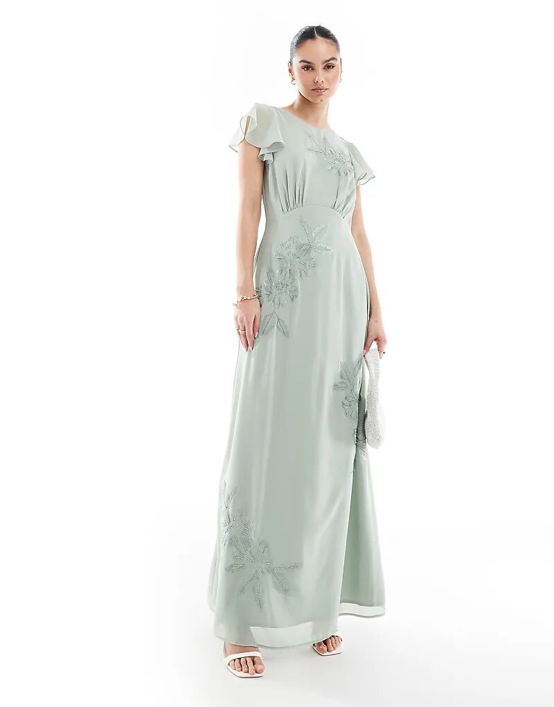 Платье макси для подружек невесты с цветочной вышивкой и воротником-хомутиком в цвете зеленого шалфея Maya