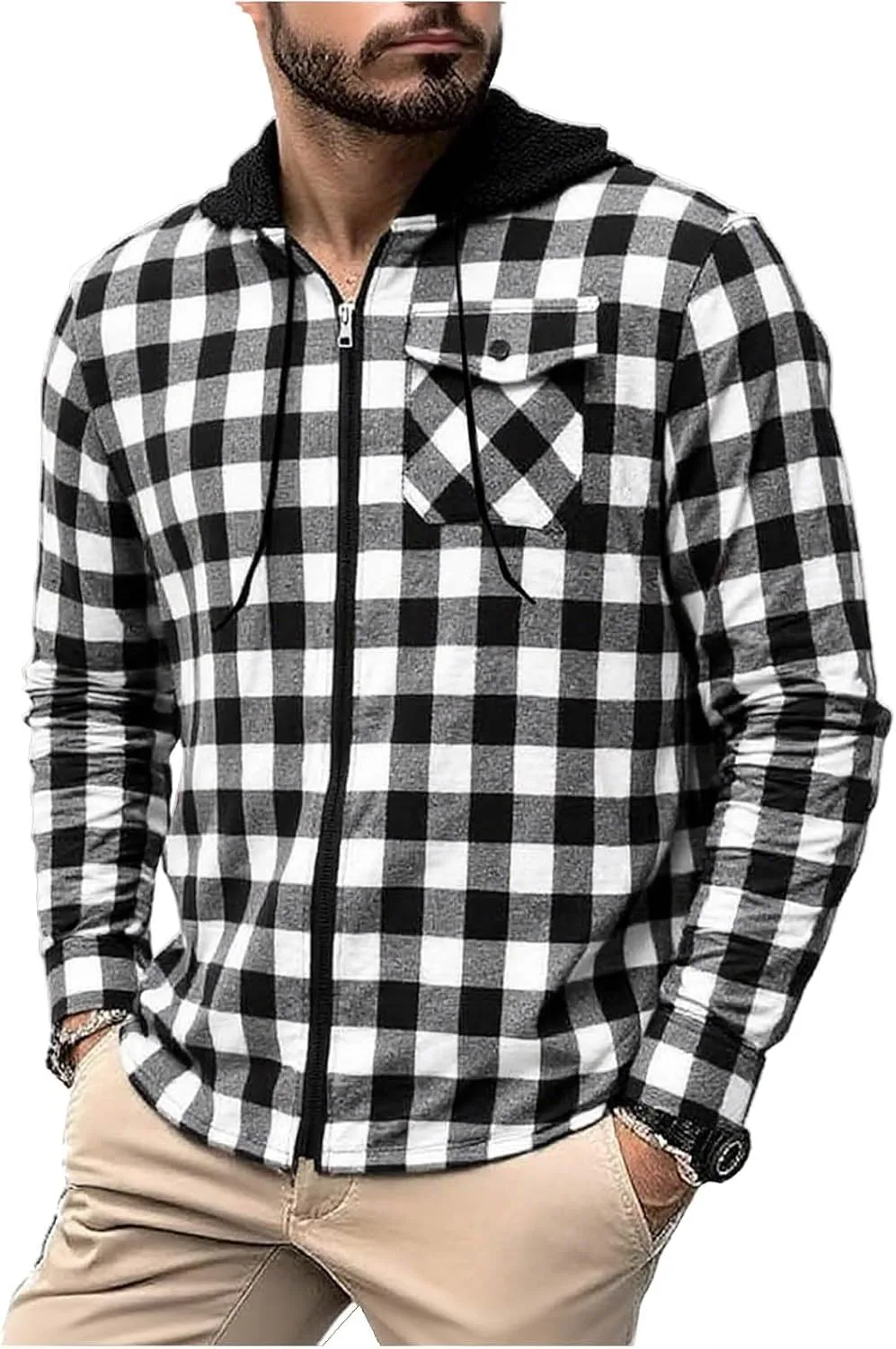 Мужская клетчатая толстовка-рубашка с карманом и молнией спереди
Мужская клетчатая толстовка-рубашка с карманом и молнией спереди