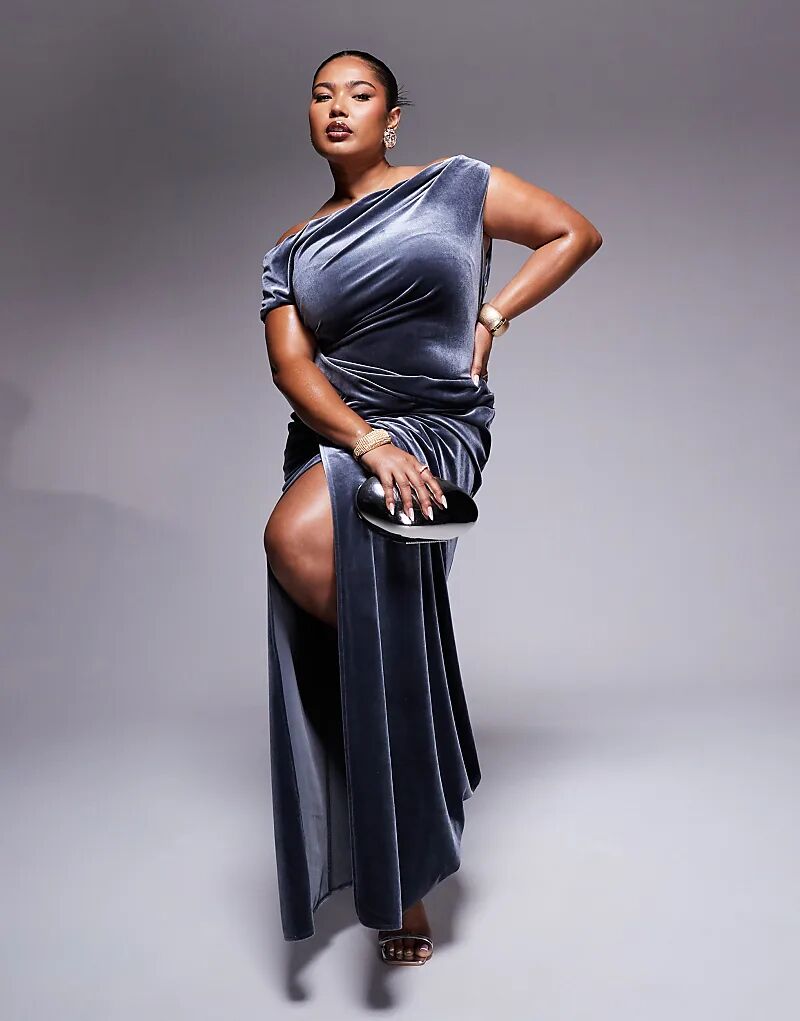 Бархатное платье макси премиум-класса с асимметричной драпировкой и разрезом сбоку в угольно-черном цвете ASOS