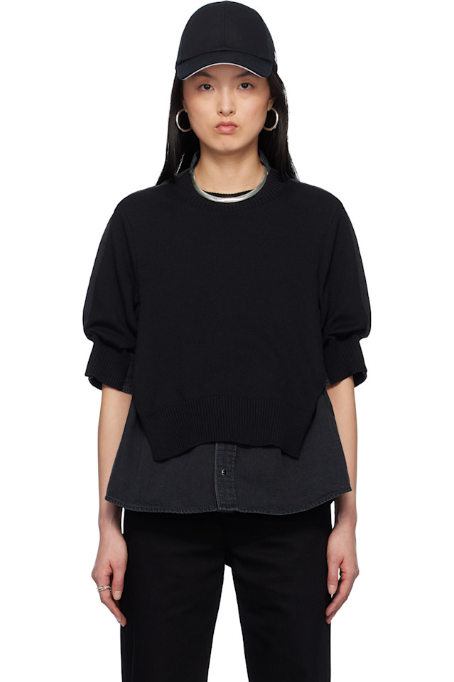 Джинсовый вязаный свитер микс Sacai, черный
Джинсовый вязаный свитер микс Sacai, черный