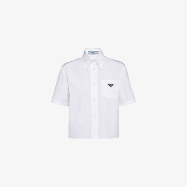 Укороченная хлопковая рубашка с логотипом-пластикой Prada, белый
Укороченная хлопковая рубашка с логотипом-пластикой Prada, белый