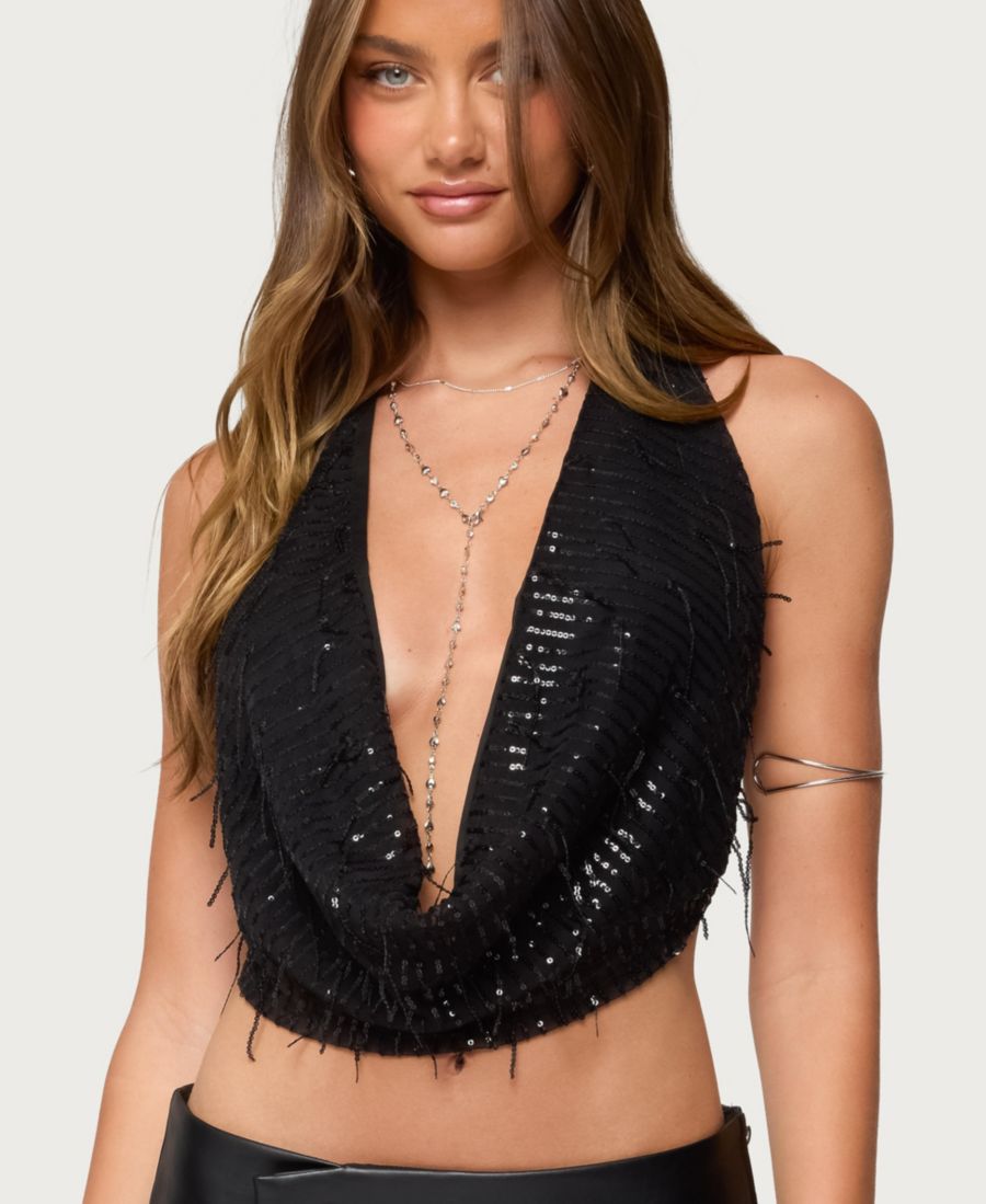 Женский топ с бахромой и пайетками, без спинки, с завязками на шее Edikted, Black
Женский топ с бахромой и пайетками, без спинки, с завязками на шее Edikted, Black