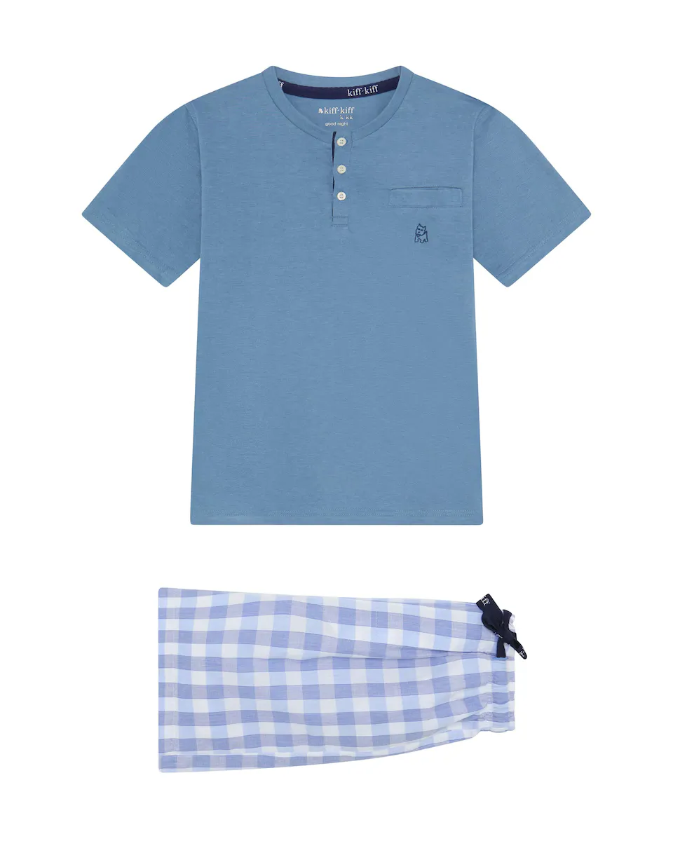 Детская пижама с комбинированной футболкой из синего трикотажа и брюками в двухцветную клетку Kiff-Kiff, синий
Детская пижама с комбинированной футболкой из синего трикотажа и брюками в двухцветную клетку Kiff-Kiff, синий