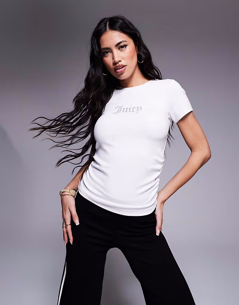 Футболка Juicy Couture с логотипом-стразами и сборками белого цвета
Футболка Juicy Couture с логотипом-стразами и сборками белого цвета