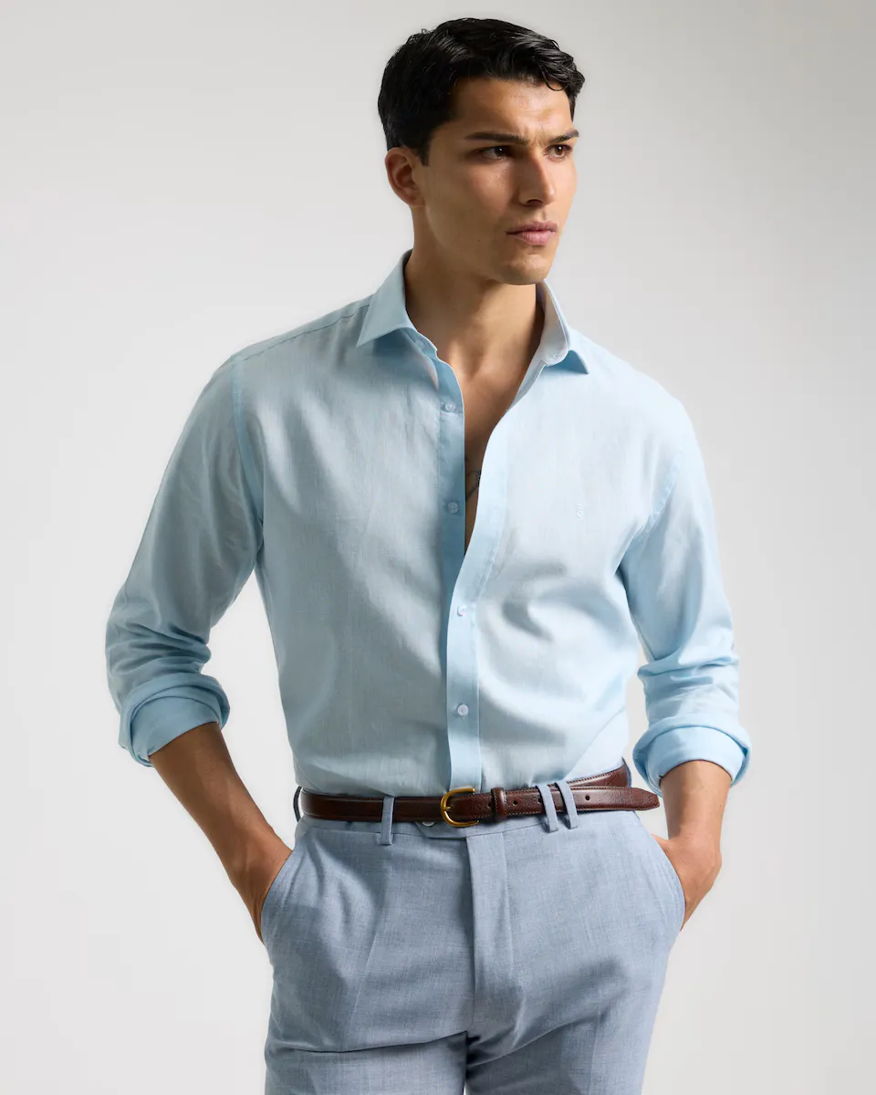 Мужская рубашка индивидуального покроя с эффектом льна и итальянским воротником PuroEgo, светло-голубой
Мужская рубашка индивидуального покроя с эффектом льна и итальянским воротником PuroEgo, светло-голубой