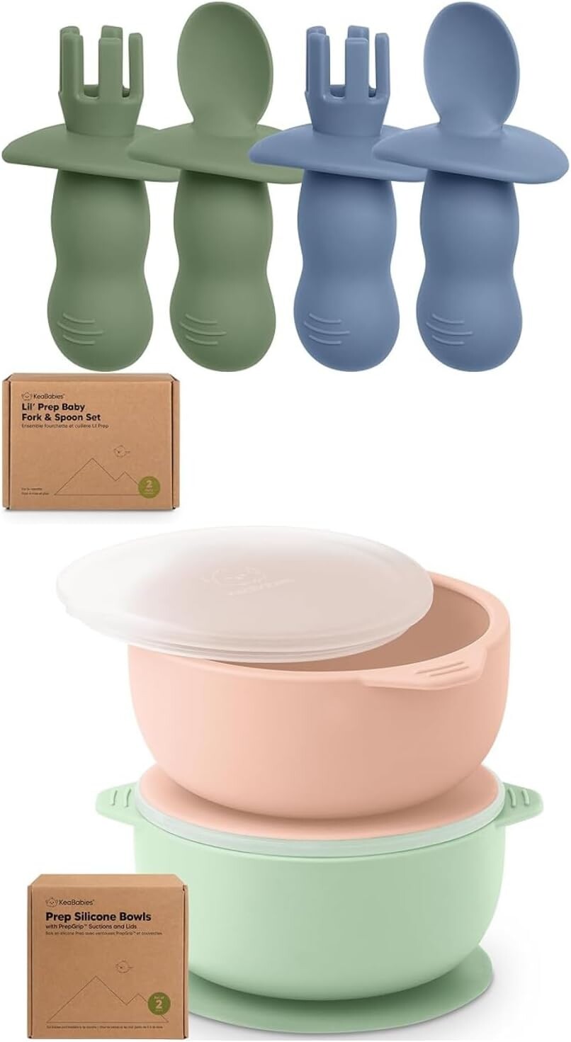 Набор из 4 силиконовых детских ложек и вилок Keababies и 2 детских миски с присосками, крышками
Набор из 4 силиконовых детских ложек и вилок Keababies и 2 детских миски с присосками, крышками