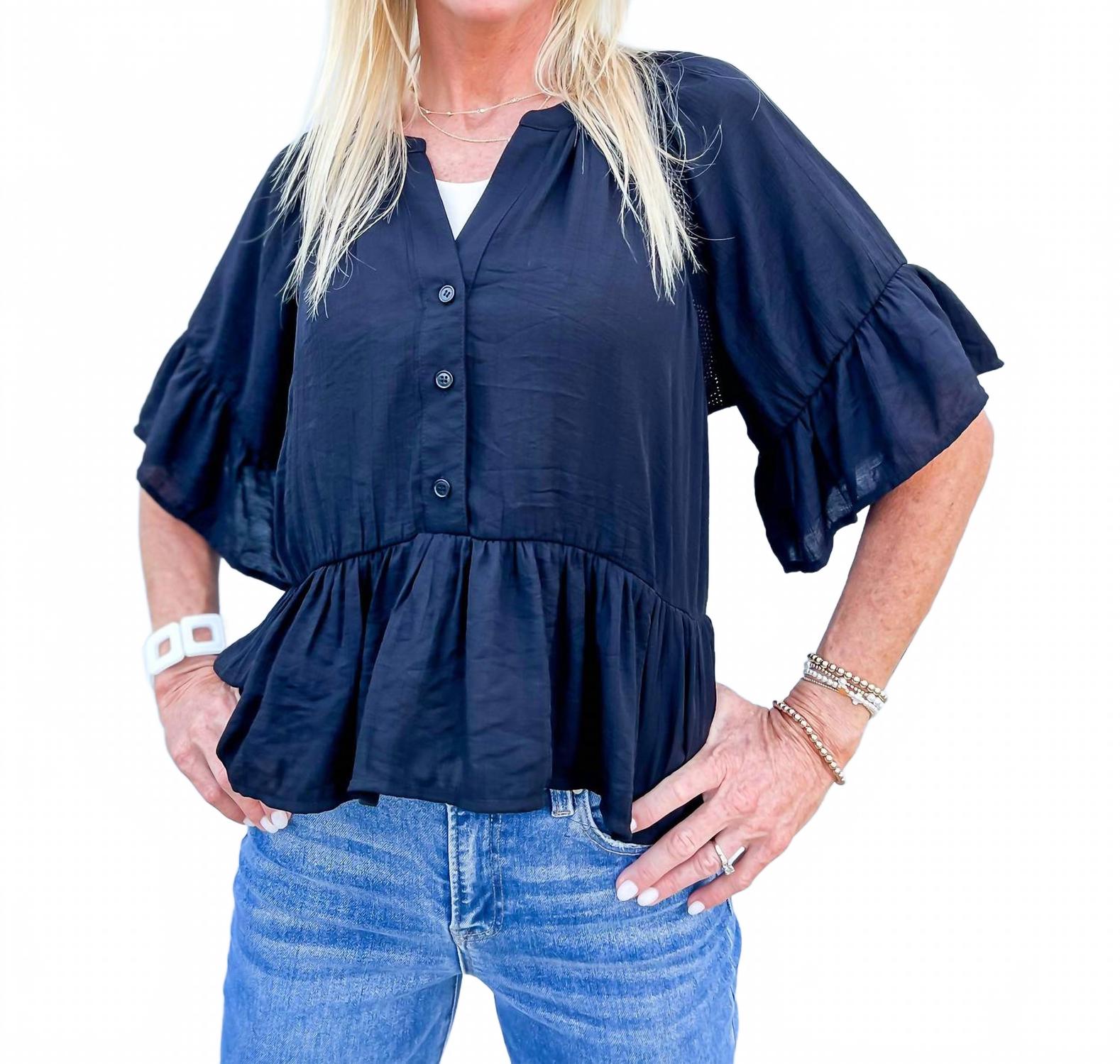 Прибрежная Муза Блузка с коротким рукавом и рюшами в черном цвете Eesome
Прибрежная Муза Блузка с коротким рукавом и рюшами в черном цвете Eesome