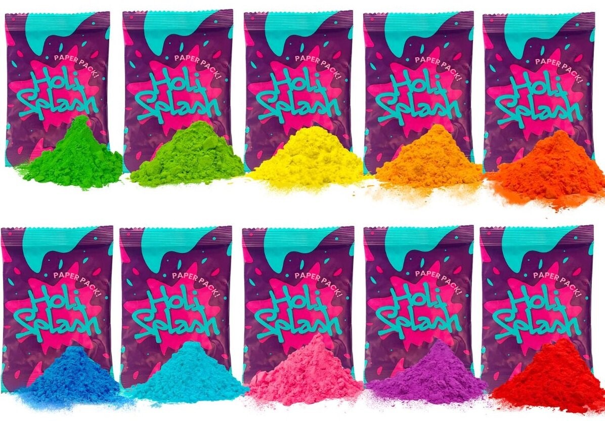 Holi Splash, Красочный порошок Холи для Фестиваля красок, упаковка из 10 шт
Holi Splash, Красочный порошок Холи для Фестиваля красок, упаковка из 10 шт