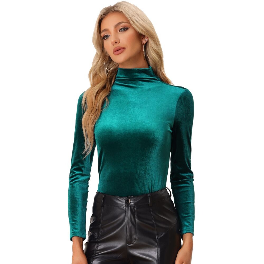 Женская водолазка, бархатный топ, рабочие рубашки с длинными рукавами, базовая велюровая блузка ALLEGRA K, зеленый 
Женская водолазка, бархатный топ, рабочие рубашки с длинными рукавами, базовая велюровая блузка ALLEGRA K, зеленый