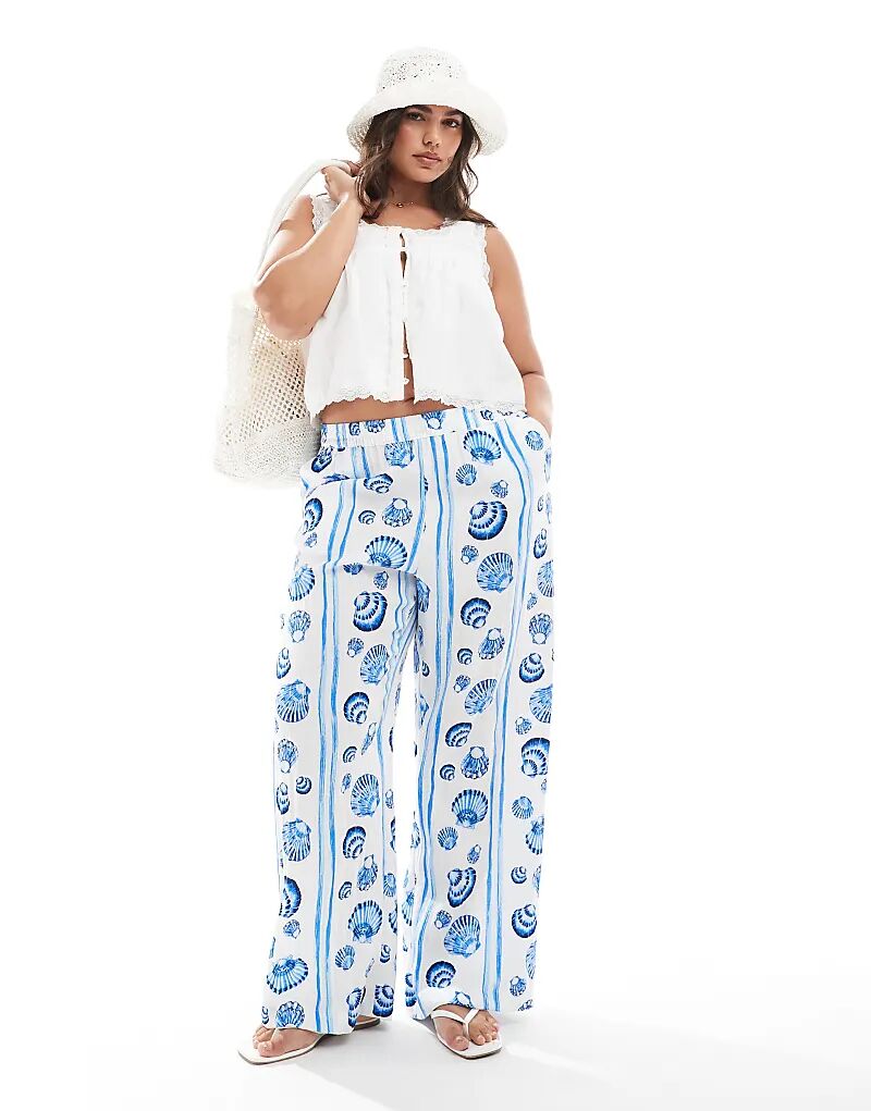 Широкие брюки Vero Moda Curve с синим принтом ракушек 
Широкие брюки Vero Moda Curve с синим принтом ракушек