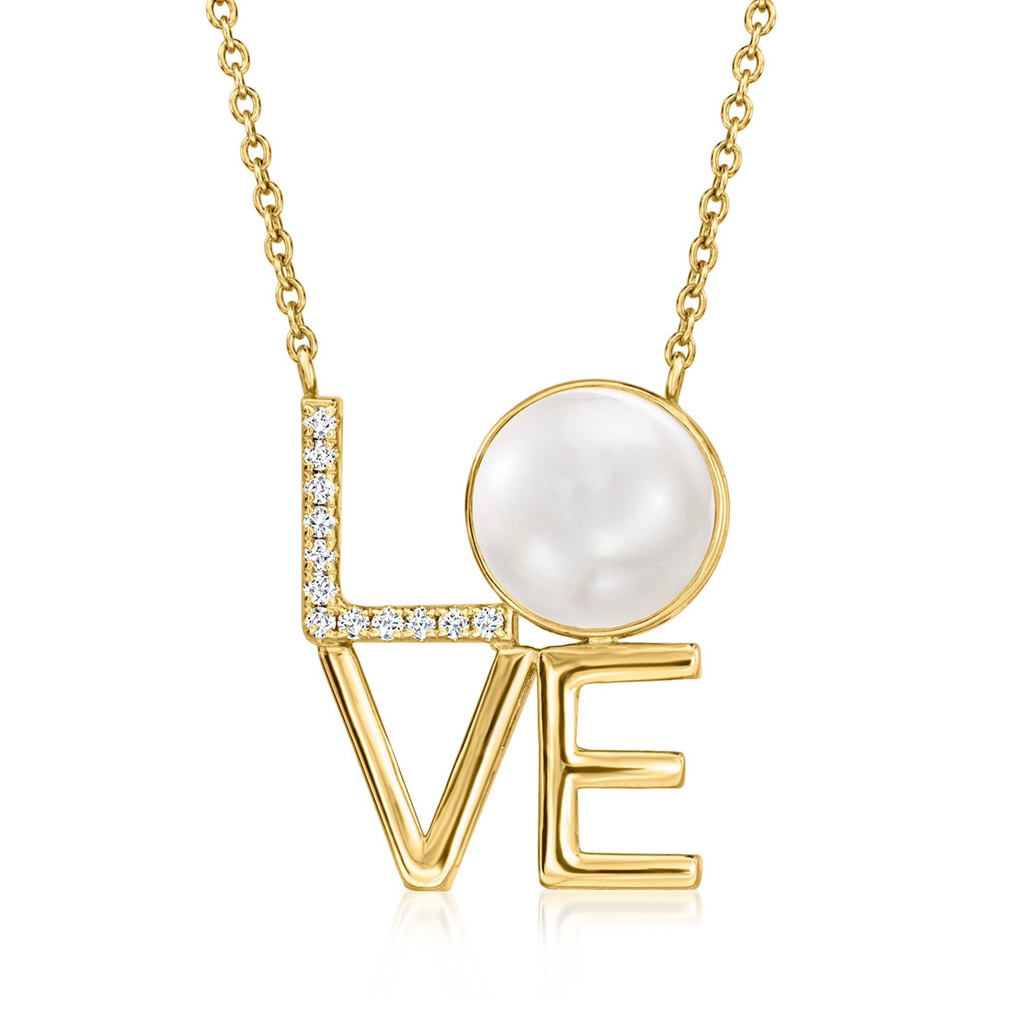 Колье Ross-Simons "Love" с культивированным жемчугом 11-11,5 мм и бриллиантами из 18-каратного золота поверх стерлингового серебра Ross-Simons, 18 In
Колье Ross-Simons "Love" с культивированным жемчугом 11-11,5 мм и бриллиантами из 18-каратного золота поверх стерлингового серебра Ross-Simons, 18 In