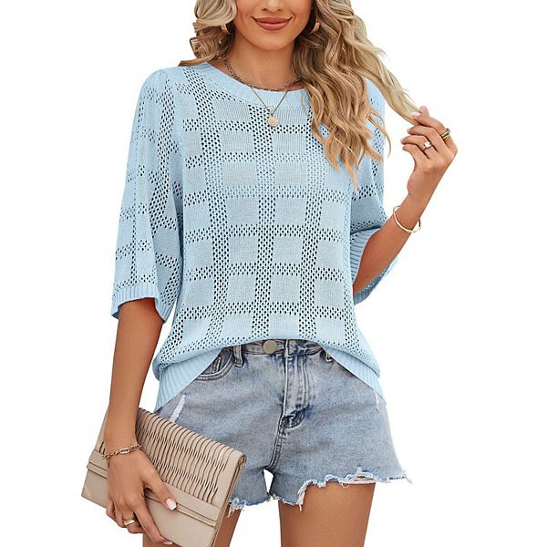 Женский короткий рукав свитер с вязаным крючком легкий круглый вырез повседневный тонкий трикотаж с ажуром Xuba, Light Blue
Женский короткий рукав свитер с вязаным крючком легкий круглый вырез повседневный тонкий трикотаж с ажуром Xuba, Light Blue