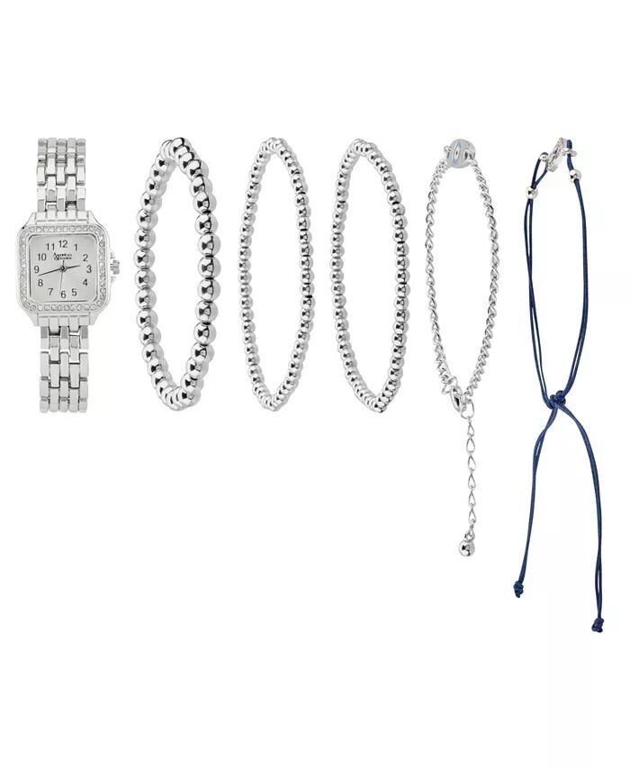 Женские аналоговые часы с блестящим серебряным металлическим ремешком из сплава, 26 мм, со штабелируемыми браслетами, подарочный набор American Exchange, серебро
Женские аналоговые часы с блестящим серебряным металлическим ремешком из сплава, 26 мм, со штабелируемыми браслетами, подарочный набор American Exchange, серебро