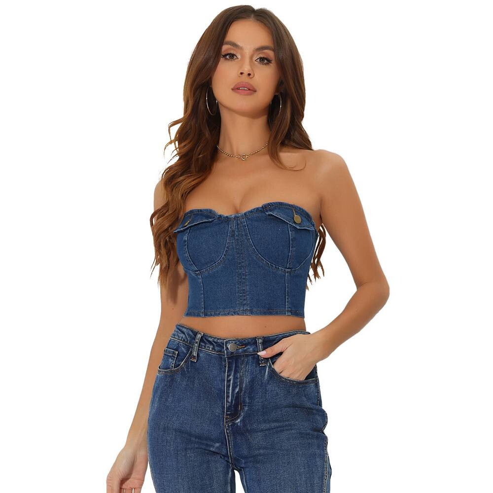 Джинсовые топы для женщин, халат на пуговицах спереди, сзади на бретельках, укороченные топы без бретелек ALLEGRA K, синий 
Джинсовые топы для женщин, халат на пуговицах спереди, сзади на бретельках, укороченные топы без бретелек ALLEGRA K, синий
