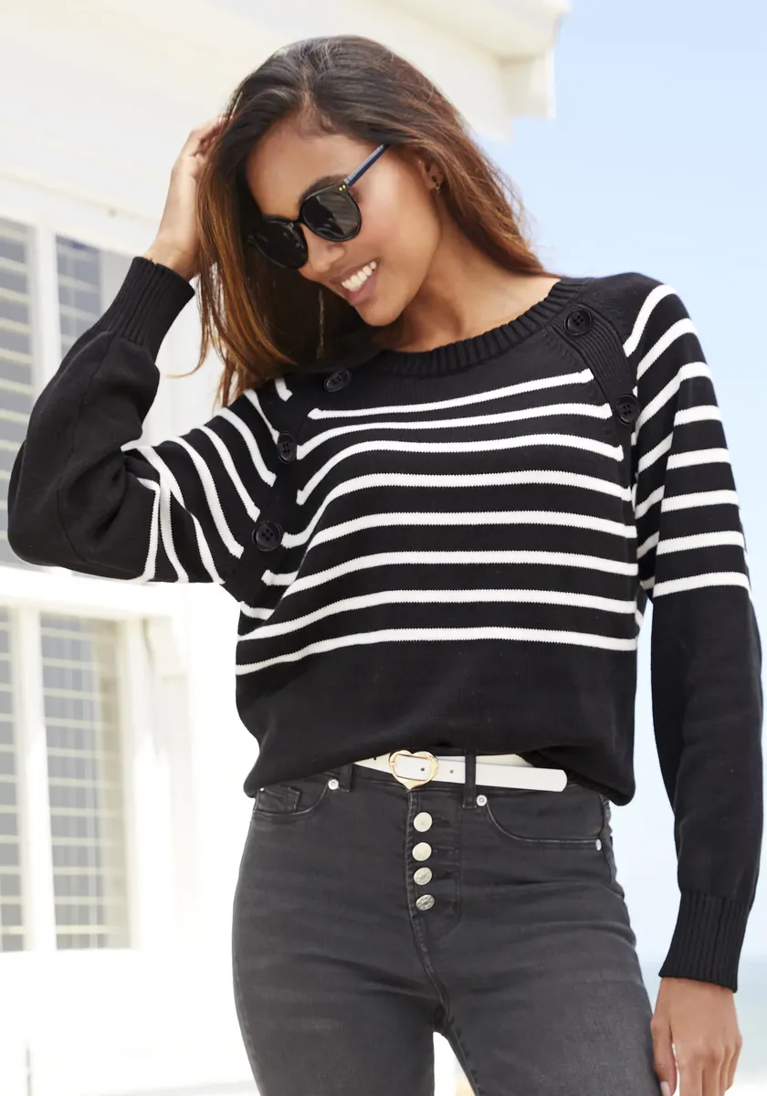 Свитер в полоску Vivance с декоративными пуговицами, черно-белый
Свитер в полоску Vivance с декоративными пуговицами, черно-белый
