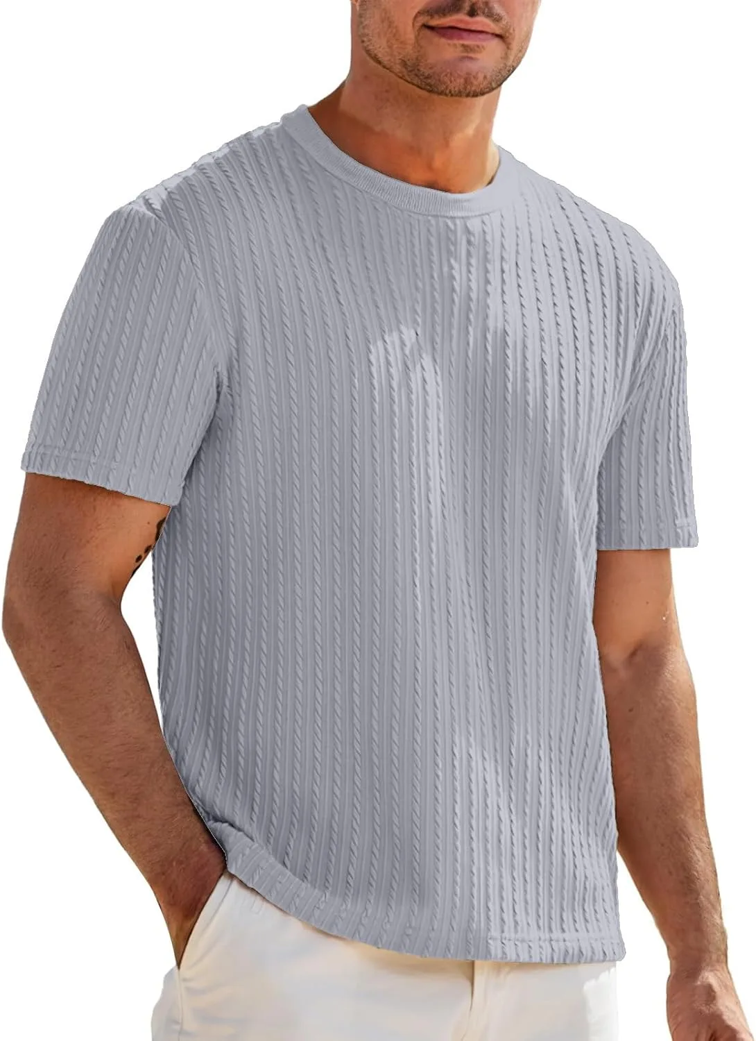 Мужская футболка с круглым вырезом, классический крой, текстурированная вязка RSZGSWS
Мужская футболка с круглым вырезом, классический крой, текстурированная вязка RSZGSWS