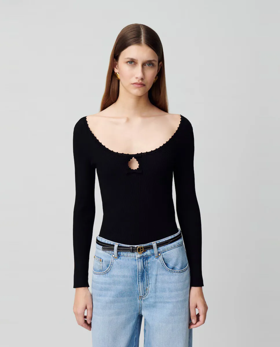 Женский свитер тонкой вязки в рубчик с вырезом лодочкой Claudie Pierlot, чёрный
Женский свитер тонкой вязки в рубчик с вырезом лодочкой Claudie Pierlot, чёрный