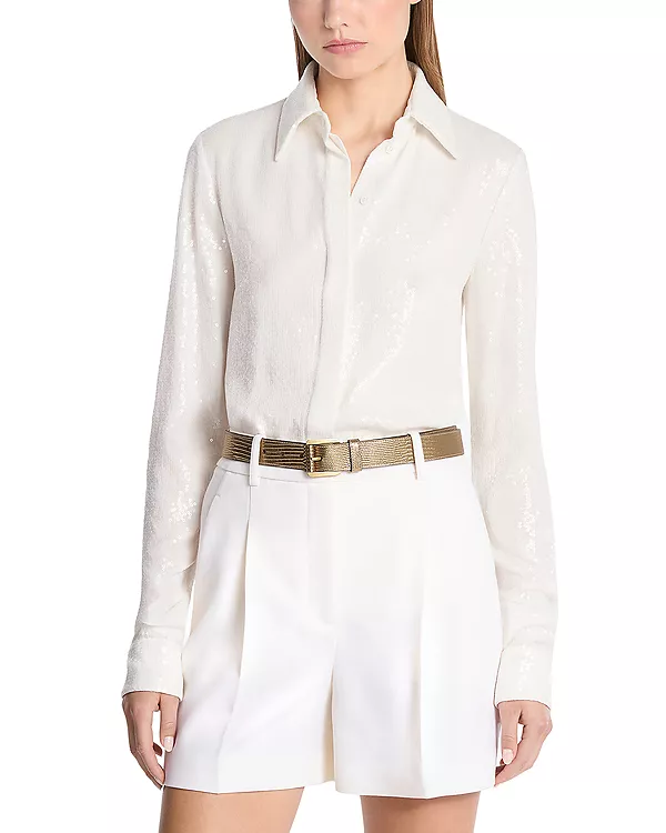 Шелковая рубашка Hansen с линейным рисунком из пайеток Michael Kors Collection, белый
Шелковая рубашка Hansen с линейным рисунком из пайеток Michael Kors Collection, белый