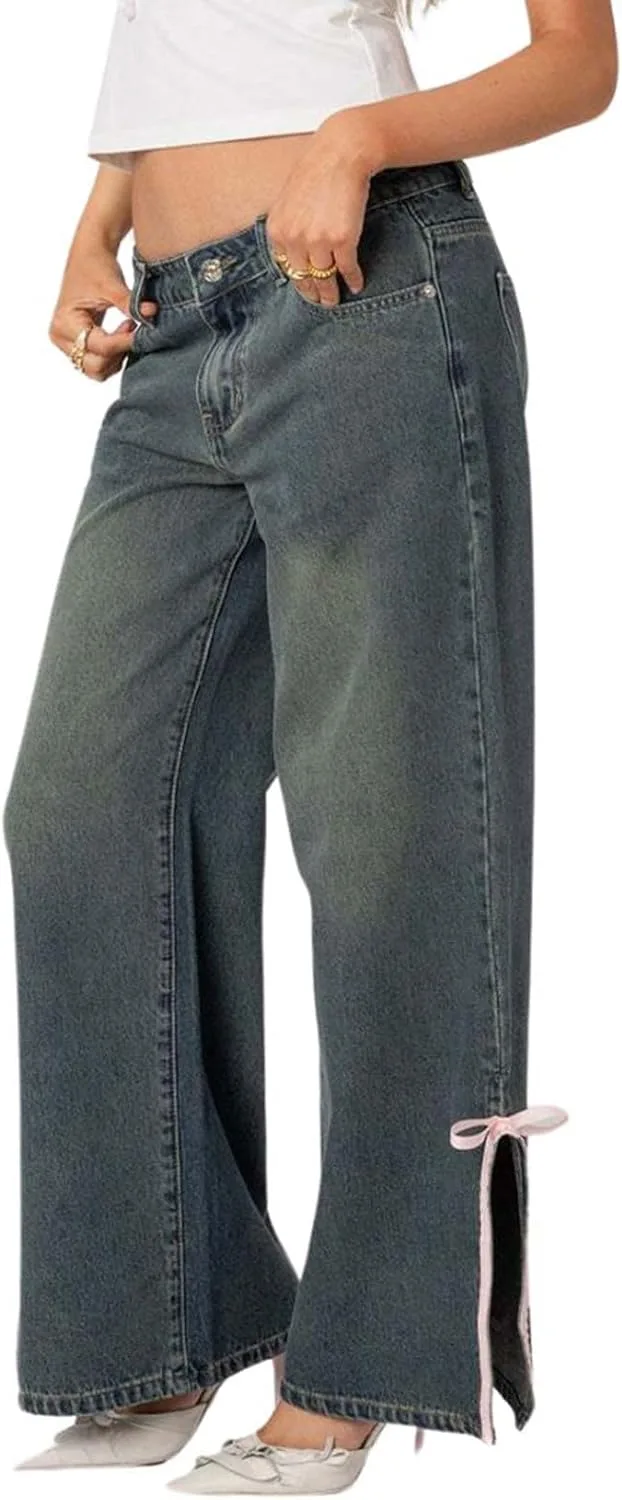 Utcoco Женские джинсы ретро с низкой посадкой, широкие, с разрезом и бантом
Utcoco Женские джинсы ретро с низкой посадкой, широкие, с разрезом и бантом