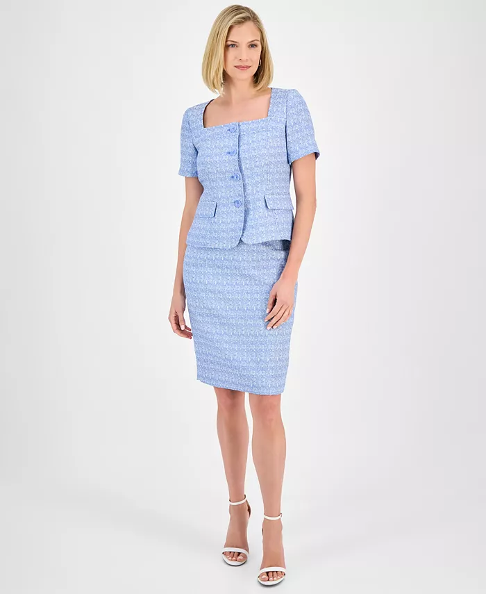 Женский твидовый жакет с квадратным вырезом и застежкой на пуговицах & узкая юбка Le Suit, синий
Женский твидовый жакет с квадратным вырезом и застежкой на пуговицах & узкая юбка Le Suit, синий