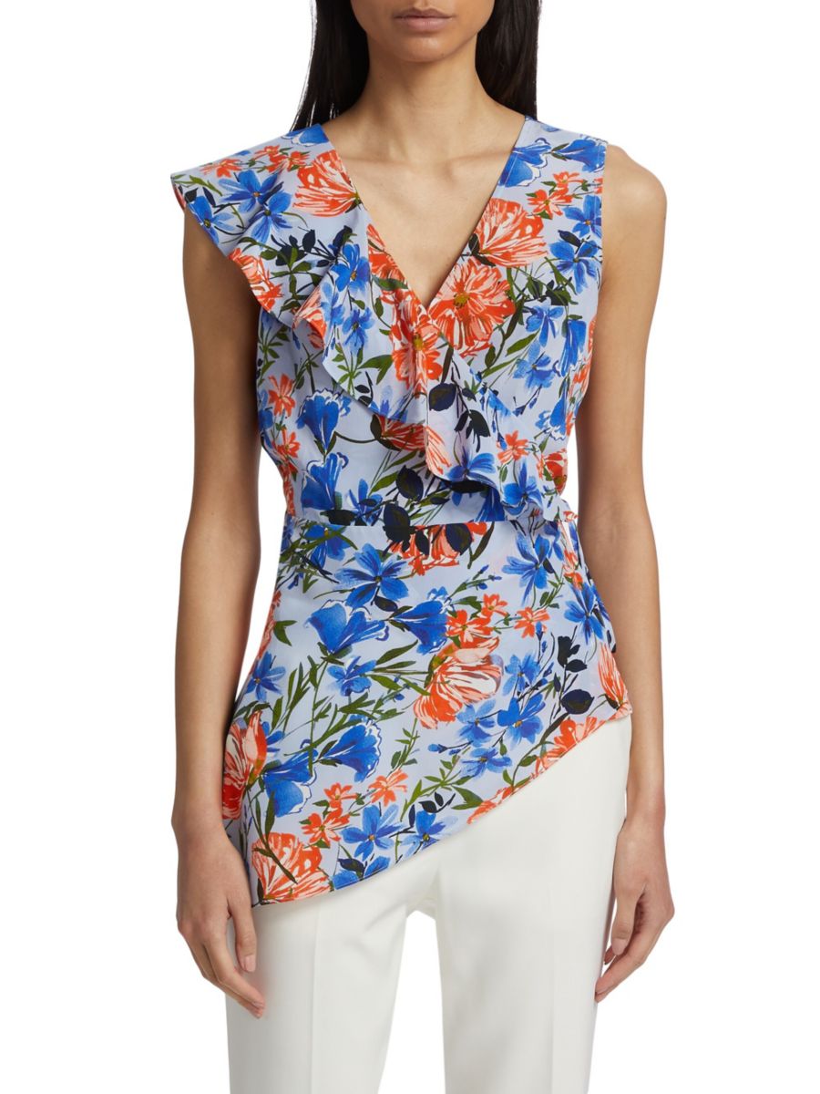 Шелковая асимметричная блузка Sloane с цветочным принтом Elie Tahari, синий мульти 
Шелковая асимметричная блузка Sloane с цветочным принтом Elie Tahari, синий мульти
