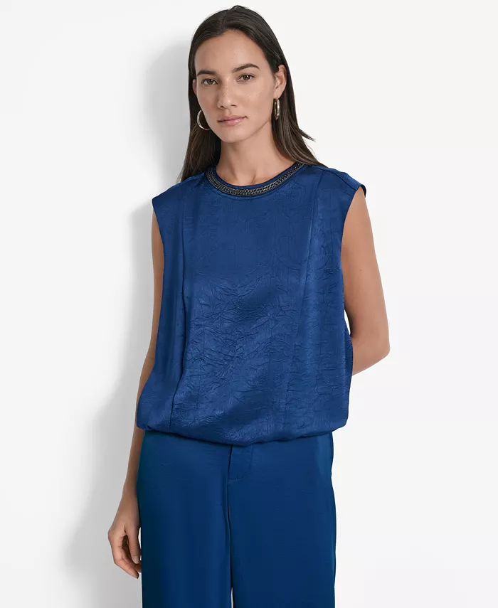 Женский топ с жатой текстурой и цепочным воротником DKNY, синий 
Женский топ с жатой текстурой и цепочным воротником DKNY, синий