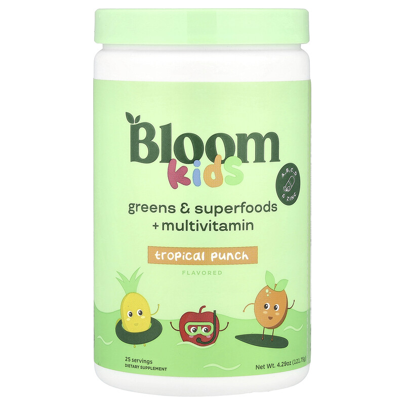 Bloom, Kids, зелень и суперфуды с мультивитаминами, тропический пунш, 121,75 г (4,29 унции)
Bloom, Kids, зелень и суперфуды с мультивитаминами, тропический пунш, 121,75 г (4,29 унции)