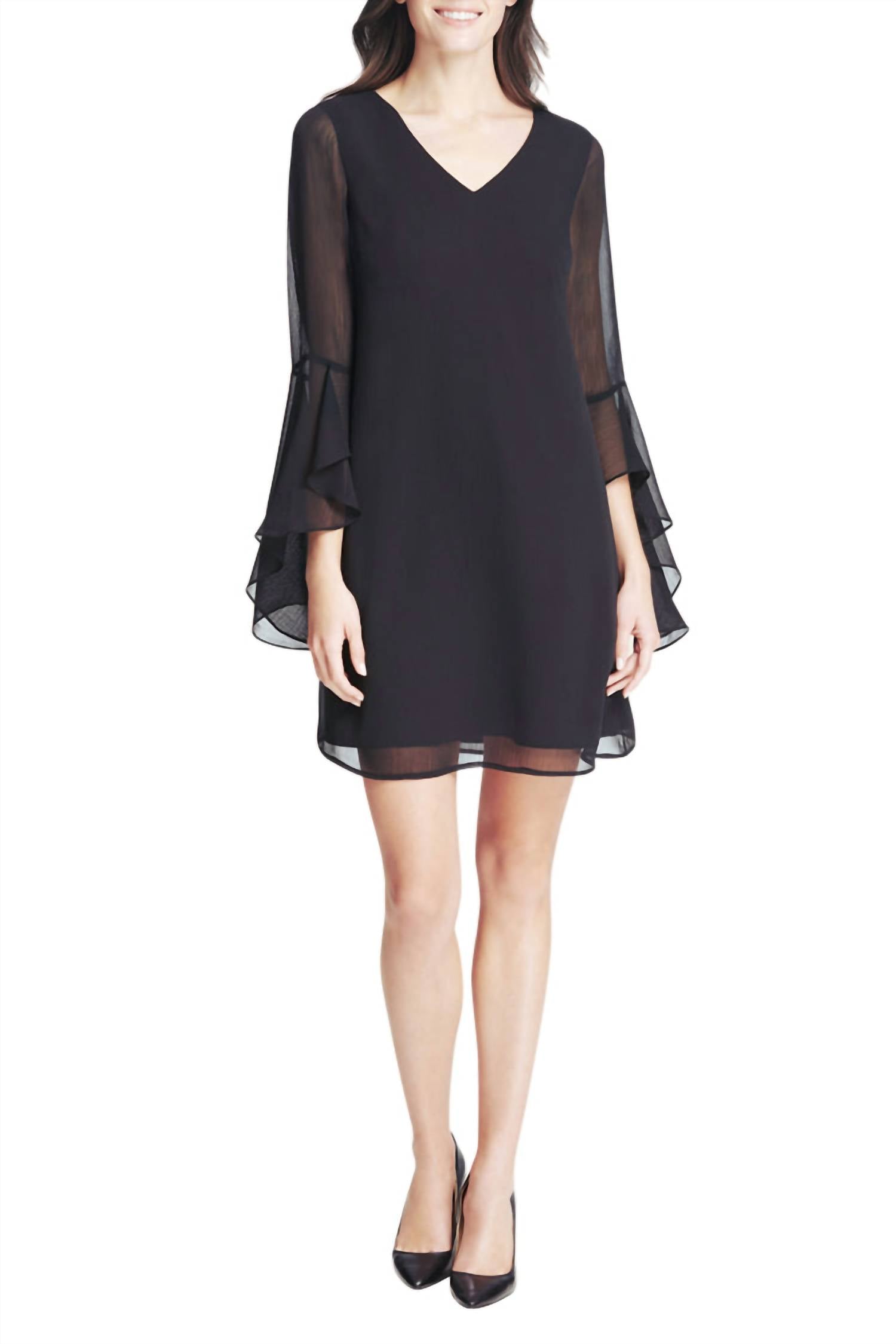 Черное платье-трапеция с V-образным вырезом, рукавами из шифона без подкладки, манжетами с рюшами и асимметричным подолом Kensie
Черное платье-трапеция с V-образным вырезом, рукавами из шифона без подкладки, манжетами с рюшами и асимметричным подолом Kensie