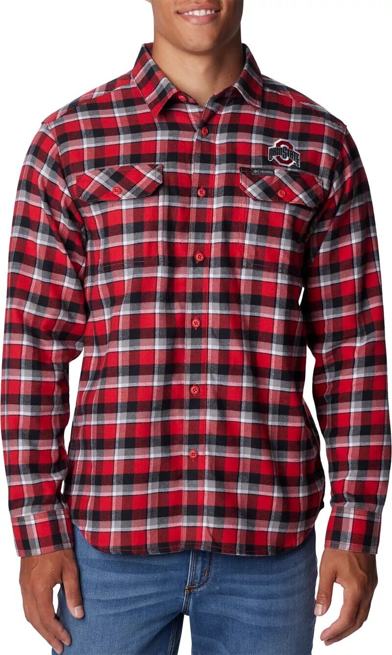 Мужская фланелевая рубашка Columbia на пуговицах с длинным рукавом и сигнальным пистолетом в алую клетку, штат Огайо, Columbia Buckeyes