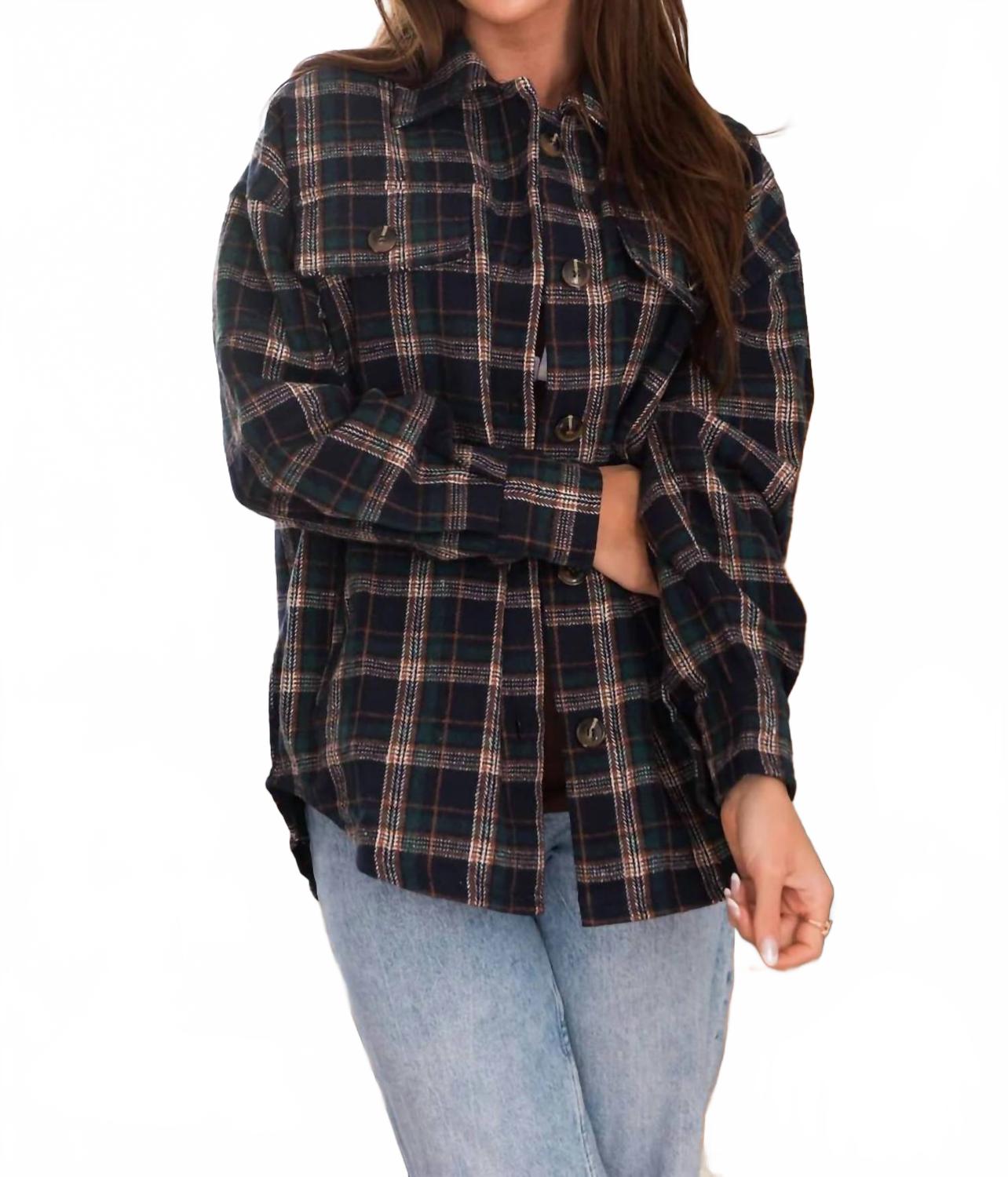 Женская фланелевая куртка-рубашка в клетку колониального синего цвета Mikarose 
Женская фланелевая куртка-рубашка в клетку колониального синего цвета Mikarose