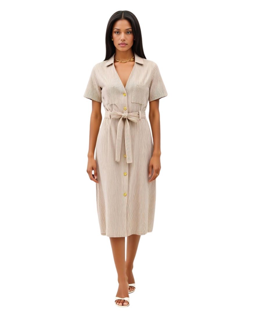 Женское полосатое платье миди с воротником, поясом на талии и пуговицами Modenaire, Beige/khaki
Женское полосатое платье миди с воротником, поясом на талии и пуговицами Modenaire, Beige/khaki