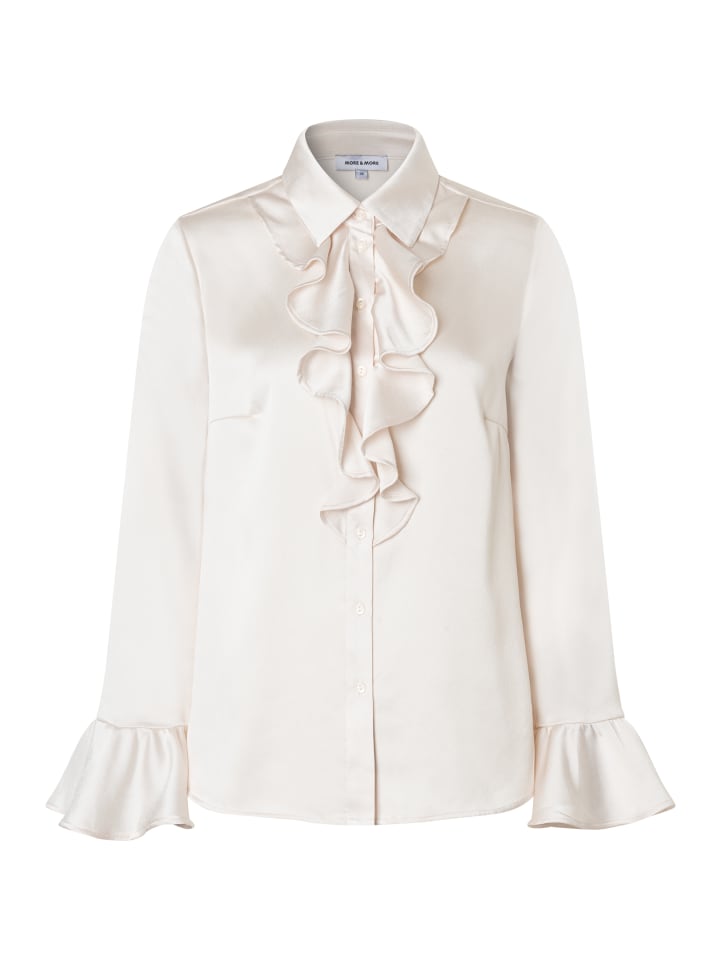 элегантная атласная блузка с оборками цвета пудры и крема More & More
элегантная атласная блузка с оборками цвета пудры и крема More & More