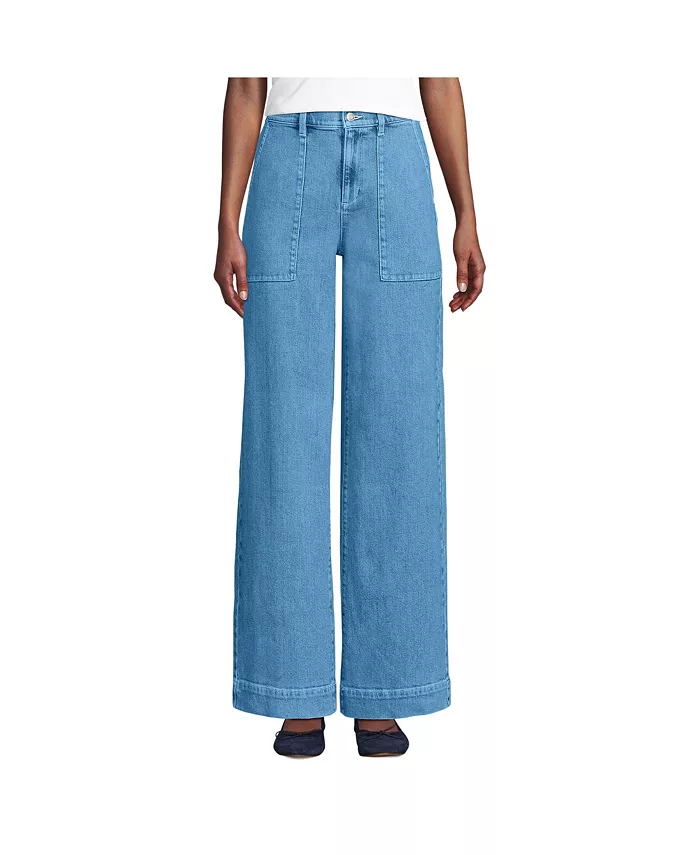 Женские джинсы из мягкого денима с высокой талией и широкими штанинами Lands' End, синий 
Женские джинсы из мягкого денима с высокой талией и широкими штанинами Lands' End, синий