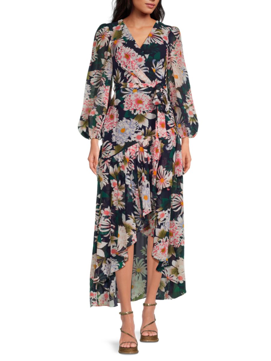 Платье с цветочным принтом и шифоновым принтом Eliza J, цвет Navy Multi 
Платье с цветочным принтом и шифоновым принтом Eliza J, цвет Navy Multi
