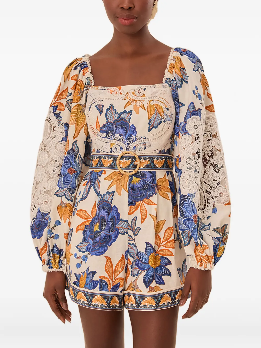 Ромпер с кружевом и цветочным принтом FARM Rio, нейтральный 
Ромпер с кружевом и цветочным принтом FARM Rio, нейтральный