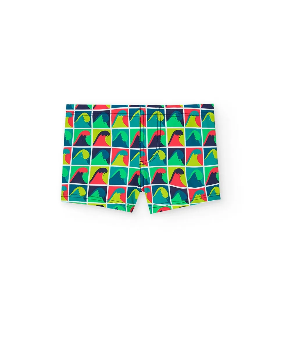 Купальник для мальчика в клетку с несколькими принтами и волнами Boboli, зеленый