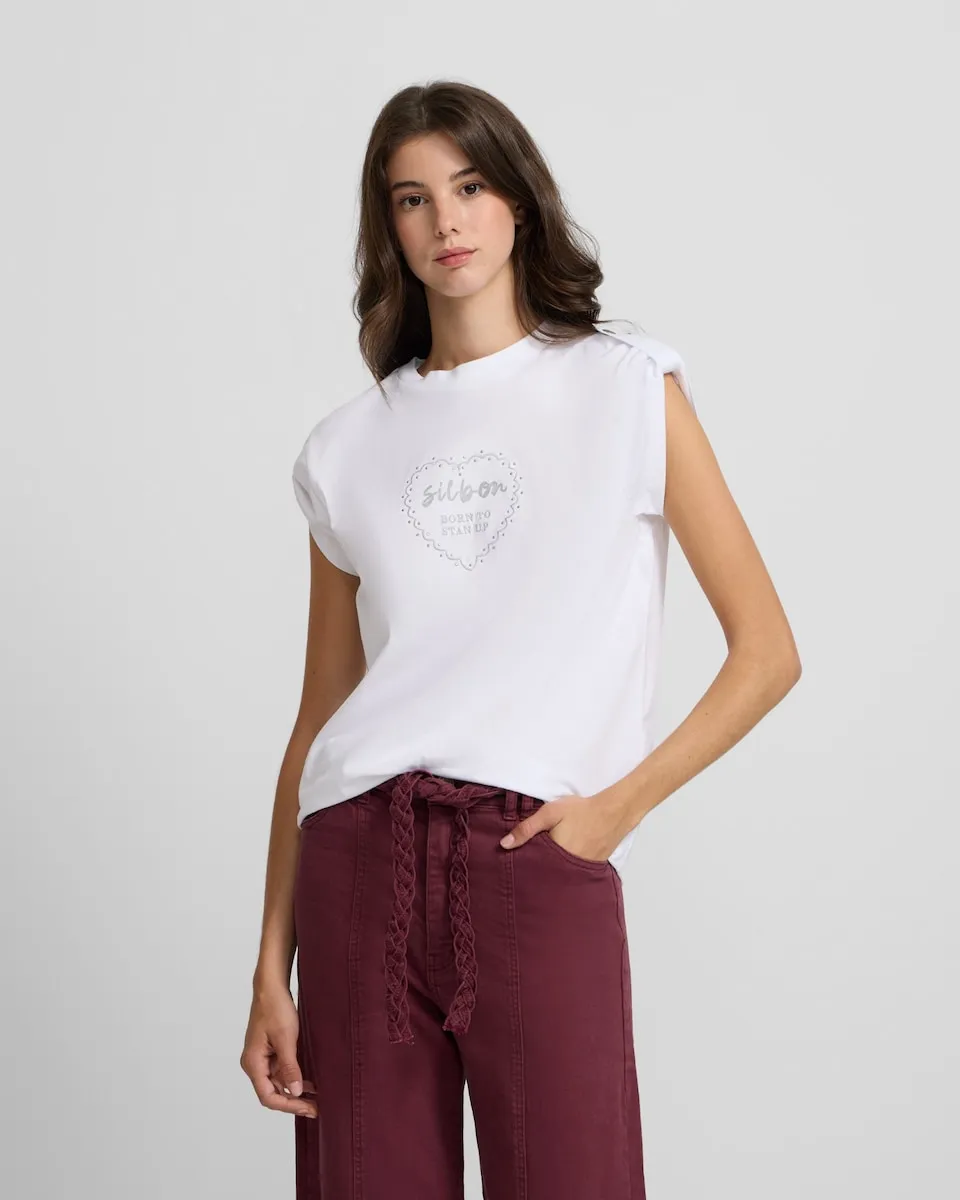 Женская футболка с выкатным сердцем и заклепками белая Silbon, белый 
Женская футболка с выкатным сердцем и заклепками белая Silbon, белый