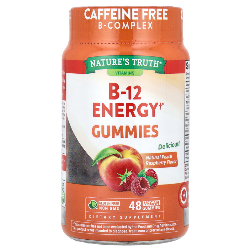 Nature's Truth, B-12 Energy Gummies, натуральная персиковая малина, 48 веганских жевательных таблеток 
Nature's Truth, B-12 Energy Gummies, натуральная персиковая малина, 48 веганских жевательных таблеток