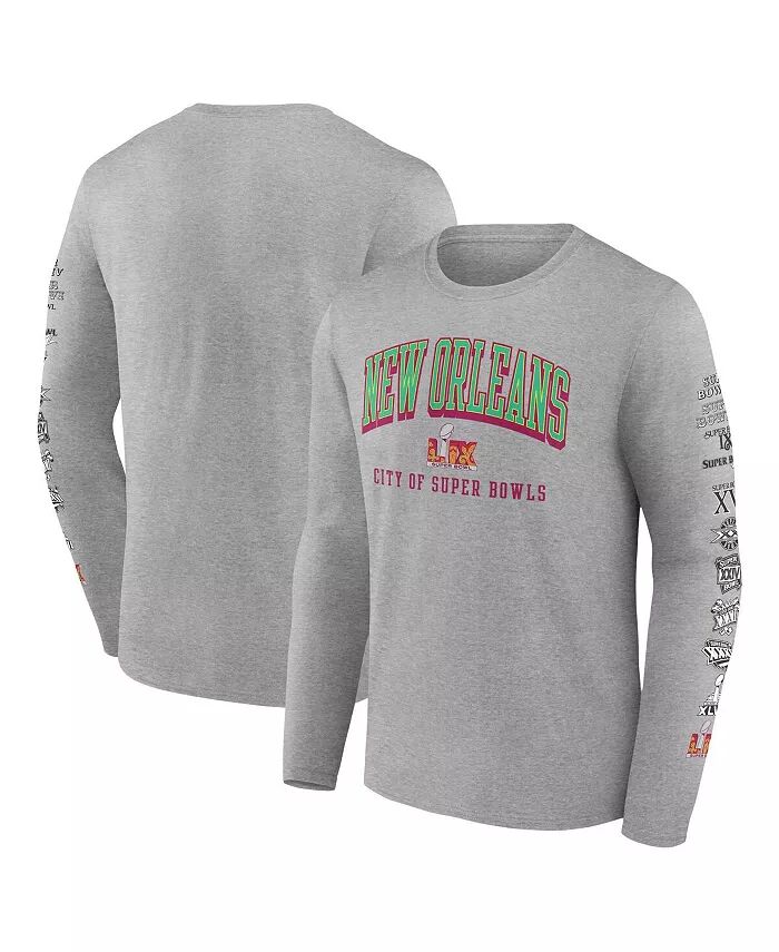Мужская футболка Heather Grey с длинным рукавом с историей хозяев Суперкубка LIX Fanatics
Мужская футболка Heather Grey с длинным рукавом с историей хозяев Суперкубка LIX Fanatics