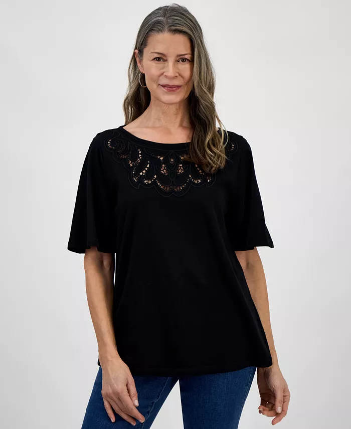 Миниатюрный трикотажный топ с короткими рукавами, отделанный крючком Style & Co, черный
Миниатюрный трикотажный топ с короткими рукавами, отделанный крючком Style & Co, черный