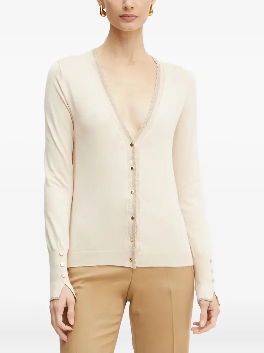 Кардиган с застежкой на пуговицы и волнообразной отделкой Liu Jo, бежевый
Кардиган с застежкой на пуговицы и волнообразной отделкой Liu Jo, бежевый